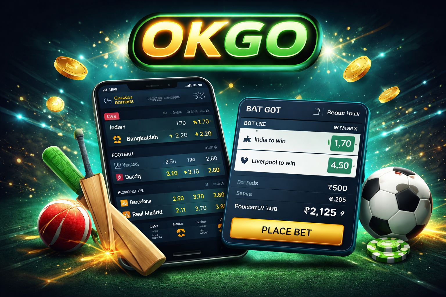 OKGO betting screen with live cricket odds and match markets