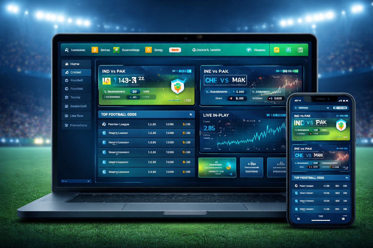 OKGO live sportsbook dashboard showing cricket and football betting markets