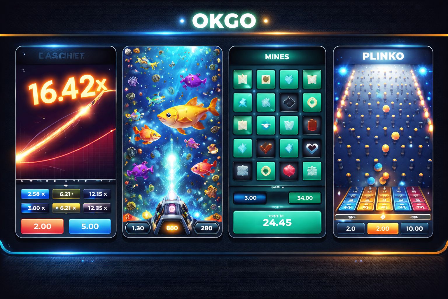 OKGO crash games selection with Aviator and multiplier screens